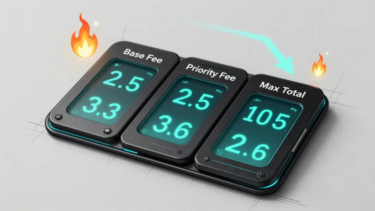 Futuristic wallet interface with fee panels and burn symbols, rendered in precision product design sketch.