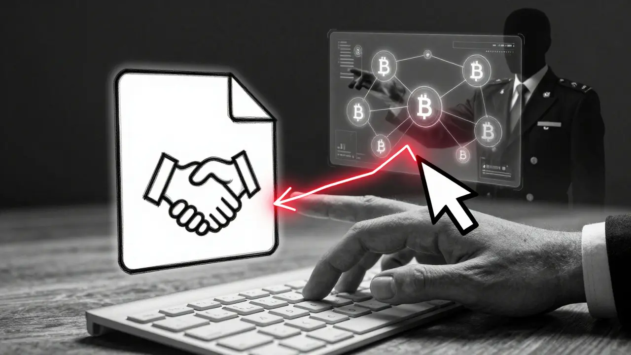 Hand about to click a phishing file shaped like a handshake, with shadowy blockchain manipulation in background.
