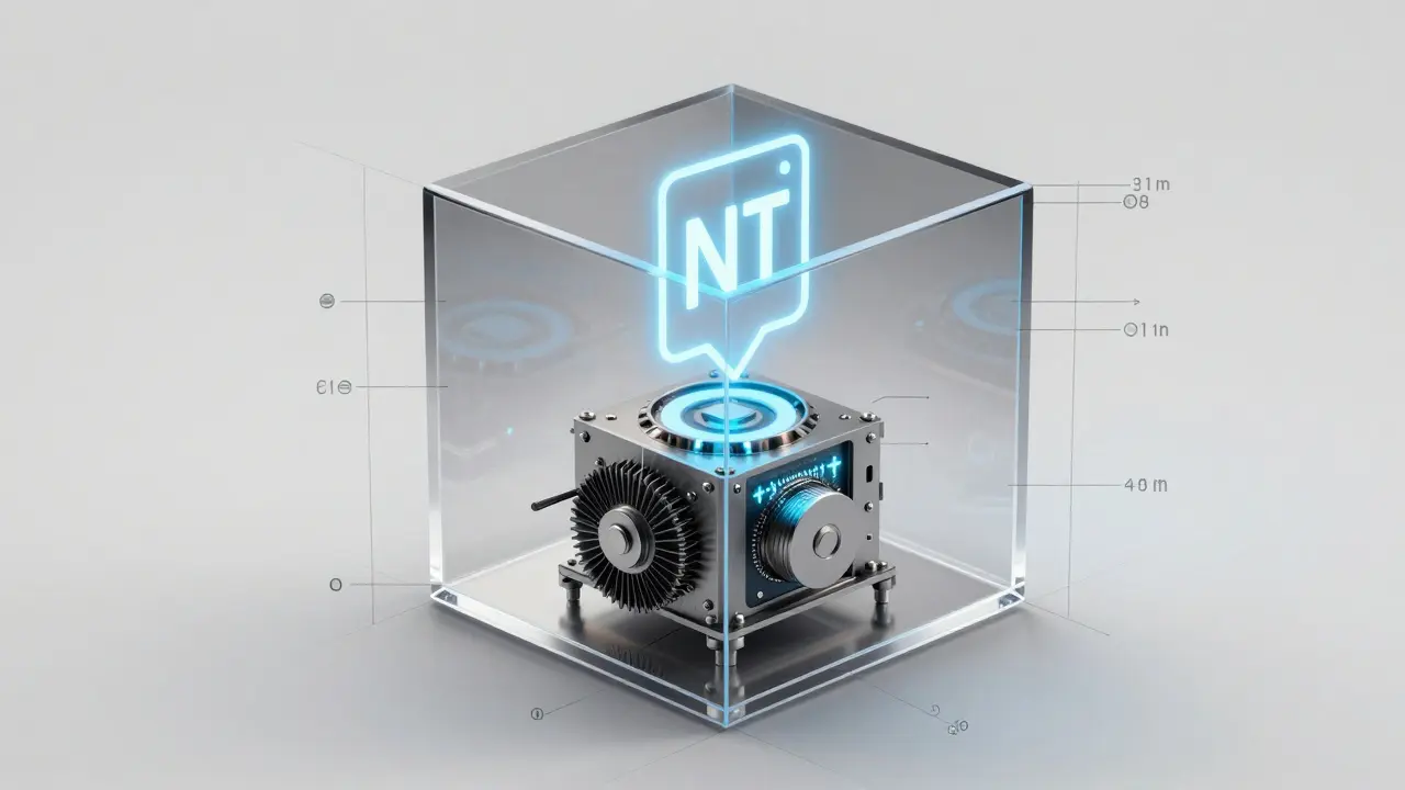 Hybrid S-NFT asset with mining rig inside transparent cube and digital icon