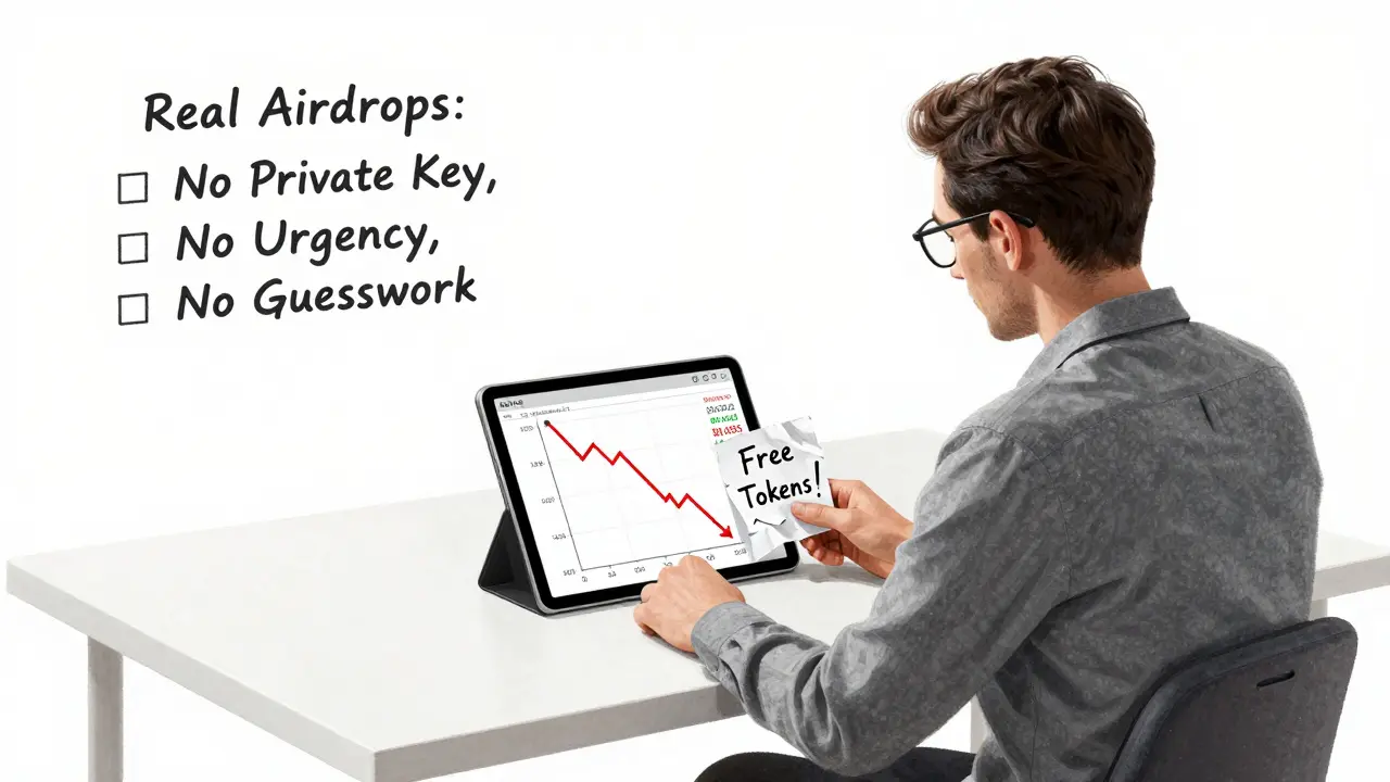 Investor staring at falling ARV price chart, crumpled 'free tokens' note in hand, checklist on wall.