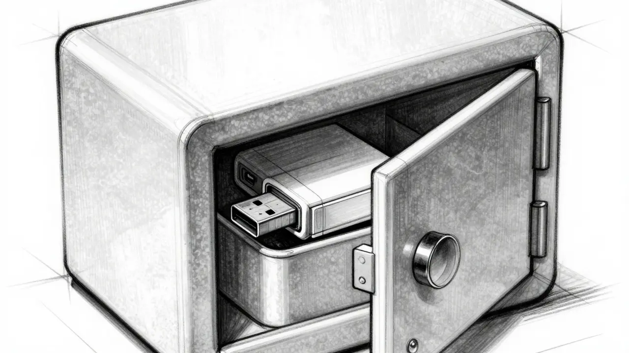 Locked safe containing a USB drive with backup codes.