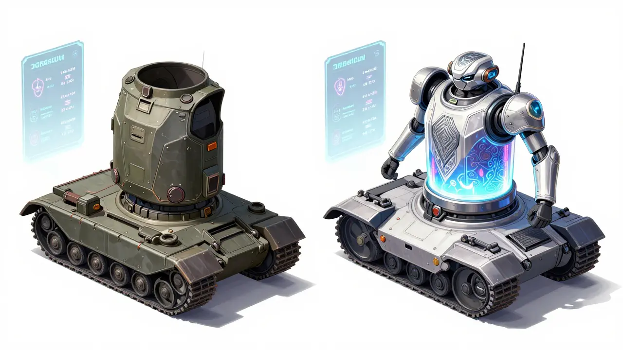 Side-by-side comparison of a Starter Tank and rare Origin Tank with glowing core and stat panels.