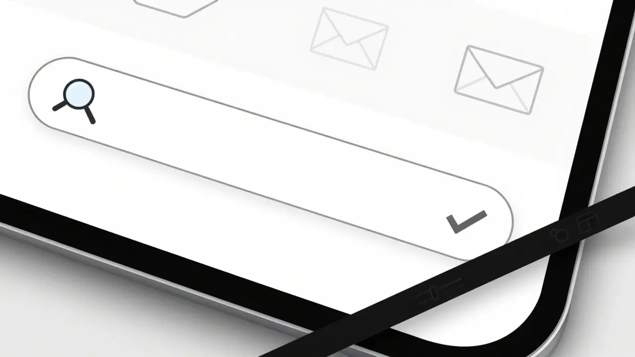 Sleek tablet with abstract registration icons: magnifying glass, envelope, checkmark