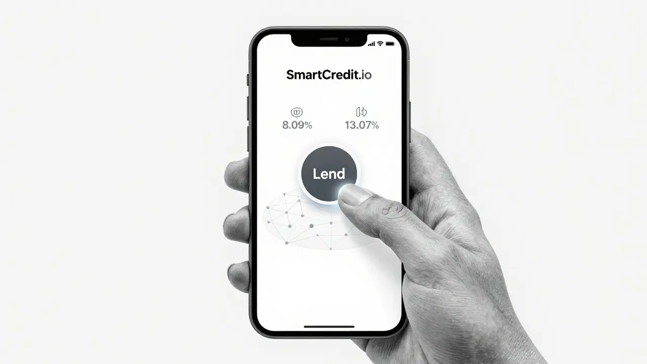 Smartphone screen showing a single 'Lend' button with subtle blockchain glow and reward percentage indicators.