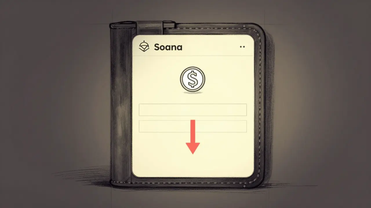 Solana wallet screen showing a flickering SCAT token with downward arrow.
