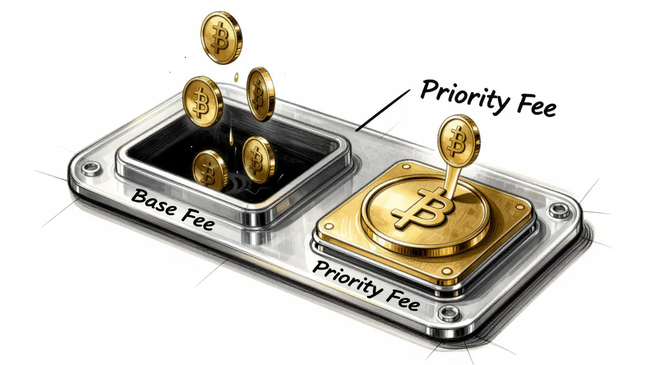 Transparent blockchain module showing base fee burning and priority fee flowing to validator, technical sketch style.