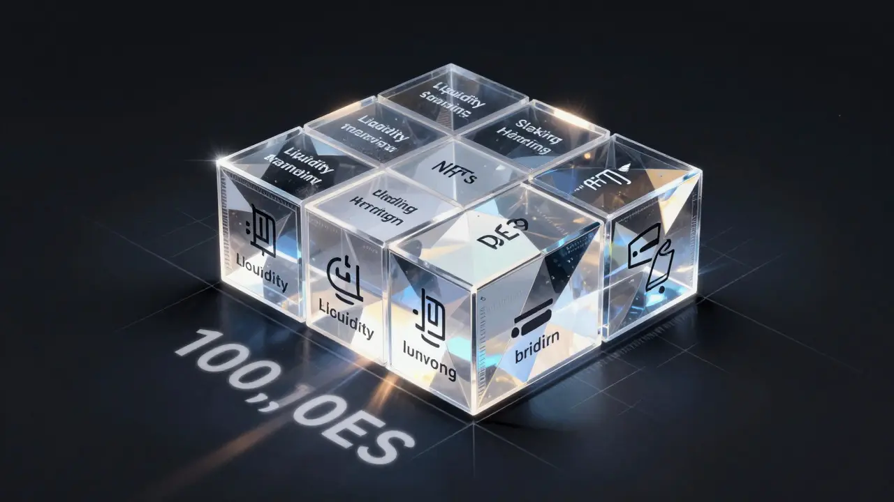 Transparent prism token module with engraved criteria, casting a glowing 100,000 DES symbol through refracted light.