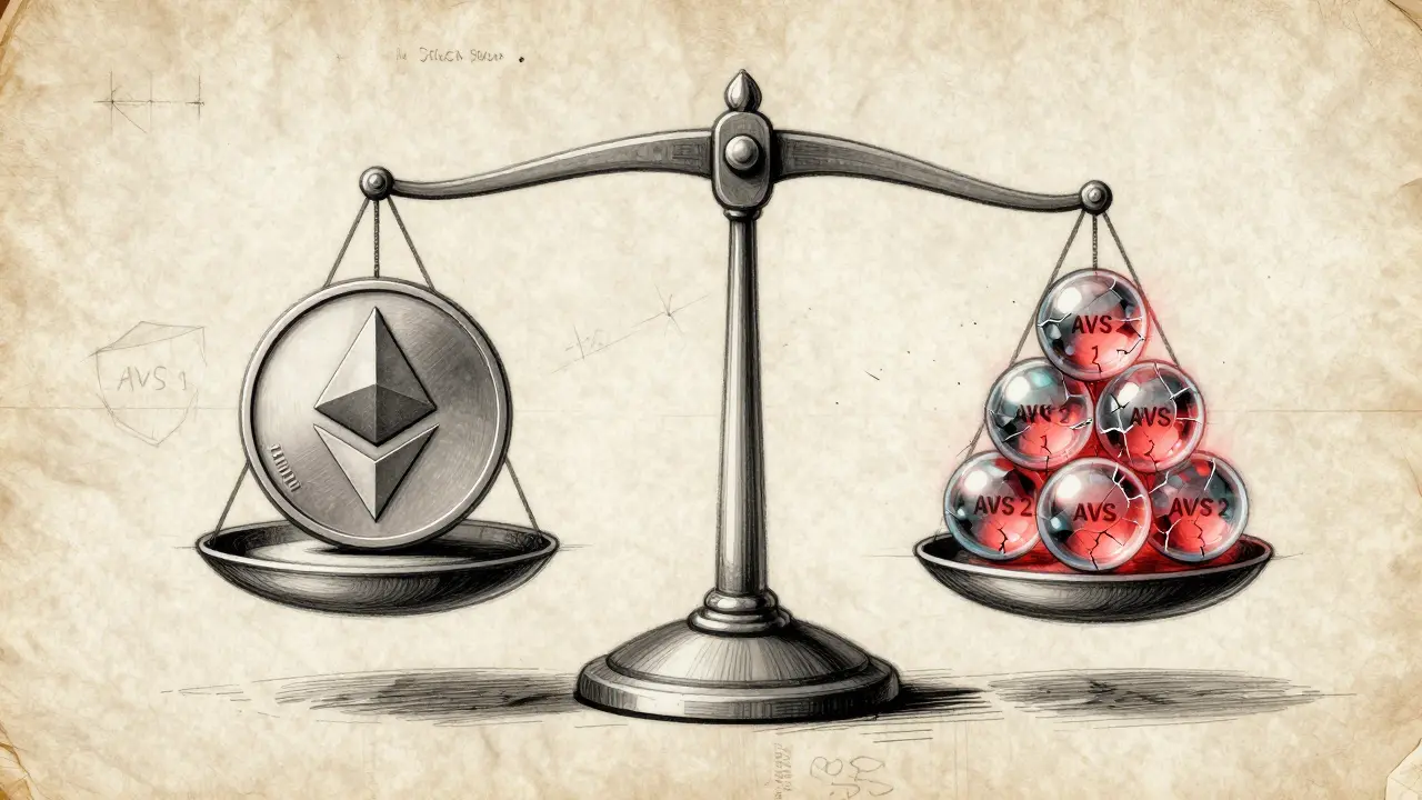 A balance scale showing ETH security versus cracked AVS risk orbs, illustrated in fine ink on parchment-like texture.