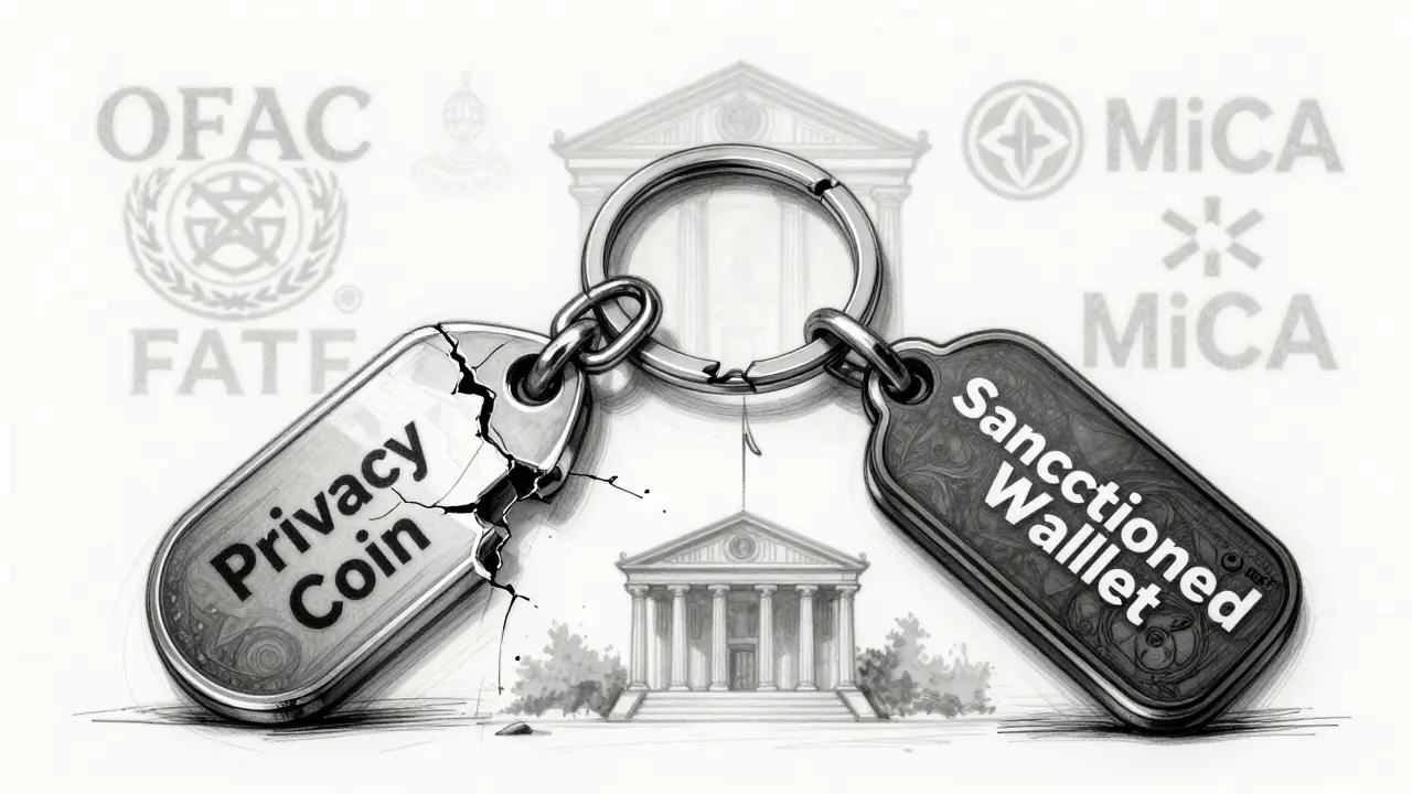 A broken crypto keychain connecting privacy coin and sanctioned wallet halves, leading to a courthouse silhouette.