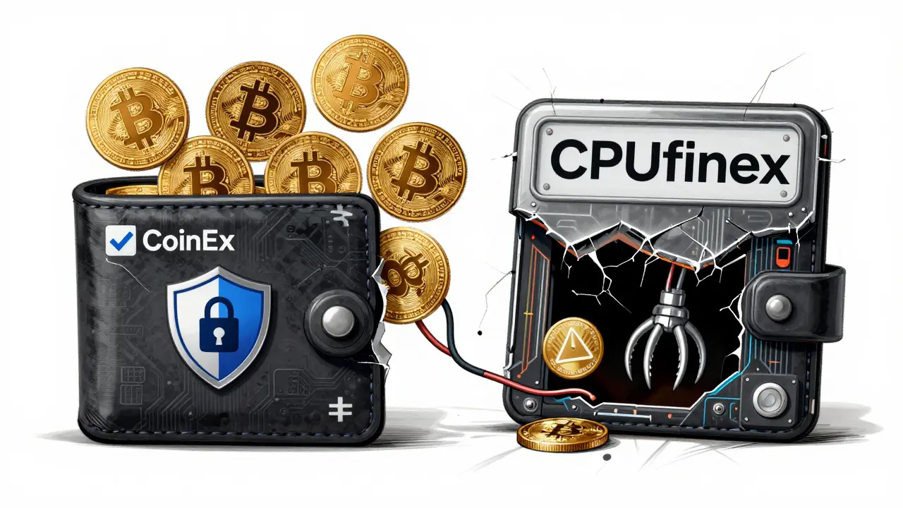 A broken wallet sketch showing legitimate exchange security on one side and a scam site with hidden claws pulling crypto into darkness.