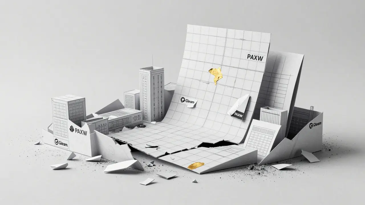 A crumbling paper model of a metaverse with peeling logos, representing a dead NFT project.