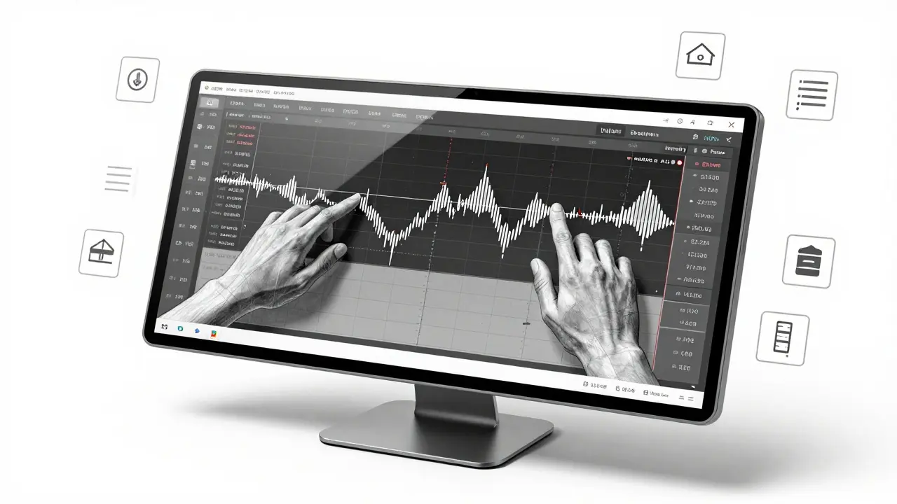 A curved glass terminal showing a layered order book with invisible algorithmic adjustments and floating liquidity icons.