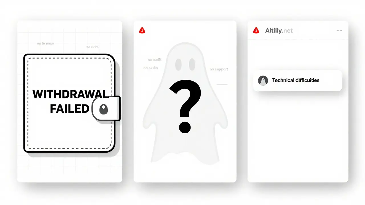 A fragmented UI sketch showing failed withdrawal, ghost logo, and empty support chat with warning annotations.
