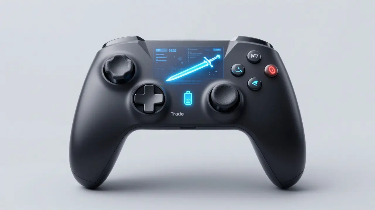 A futuristic game controller with a 'Trade' button displaying an NFT transfer, no wallet visible.