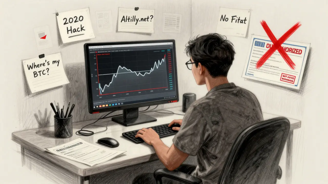A lone trader facing a dead market chart surrounded by notes about hacks, no fiat, and revoked licensing.