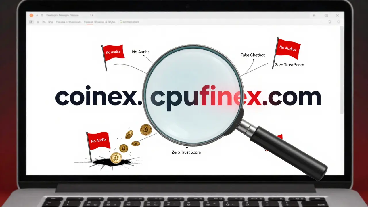 A magnifying glass highlighting the subtle difference between 'coinex.com' and 'cpufinex.com', surrounded by red flags of fraud and disappearing crypto tokens.