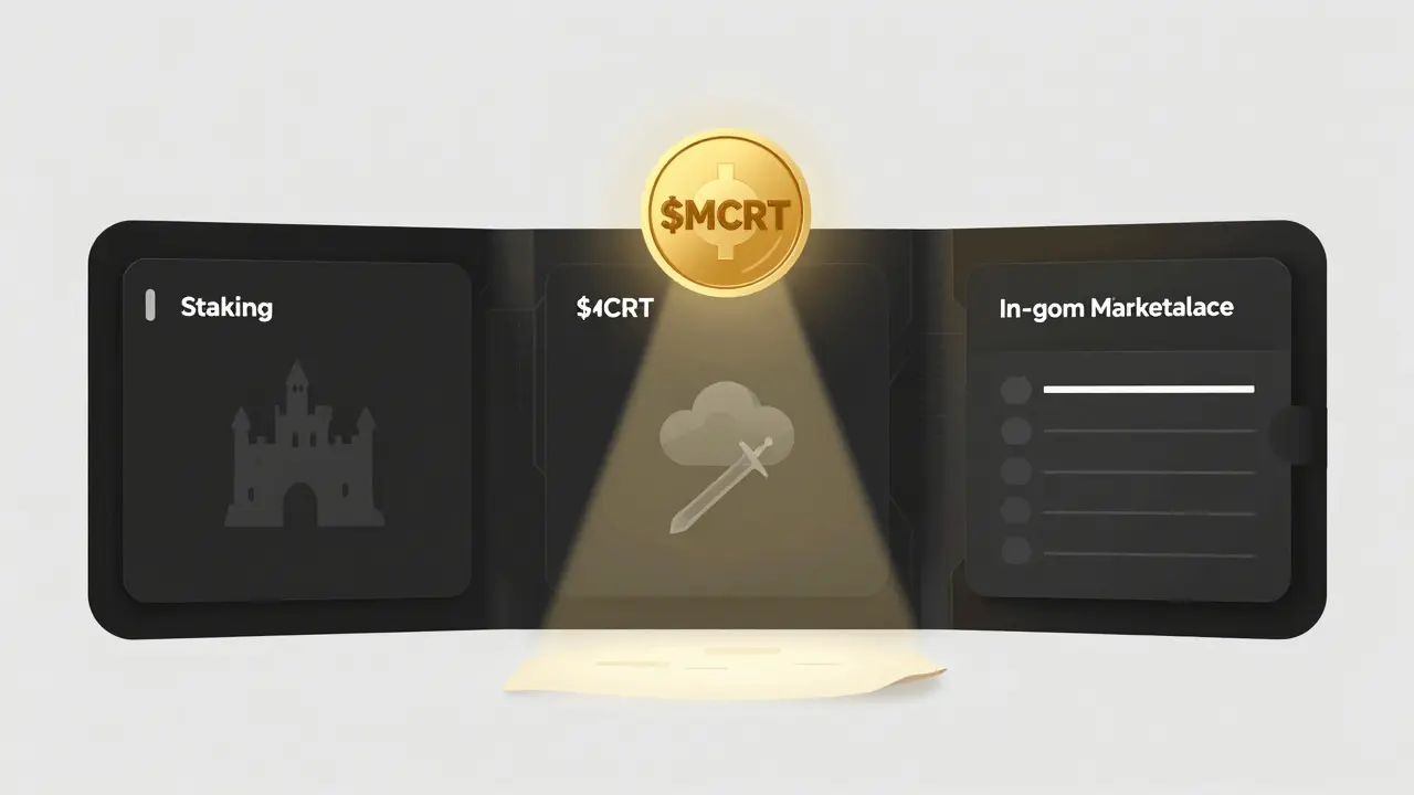 A sleek wallet interface for $MCRT with three functional panels for staking, NFTs, and tasks, no text, only icons.