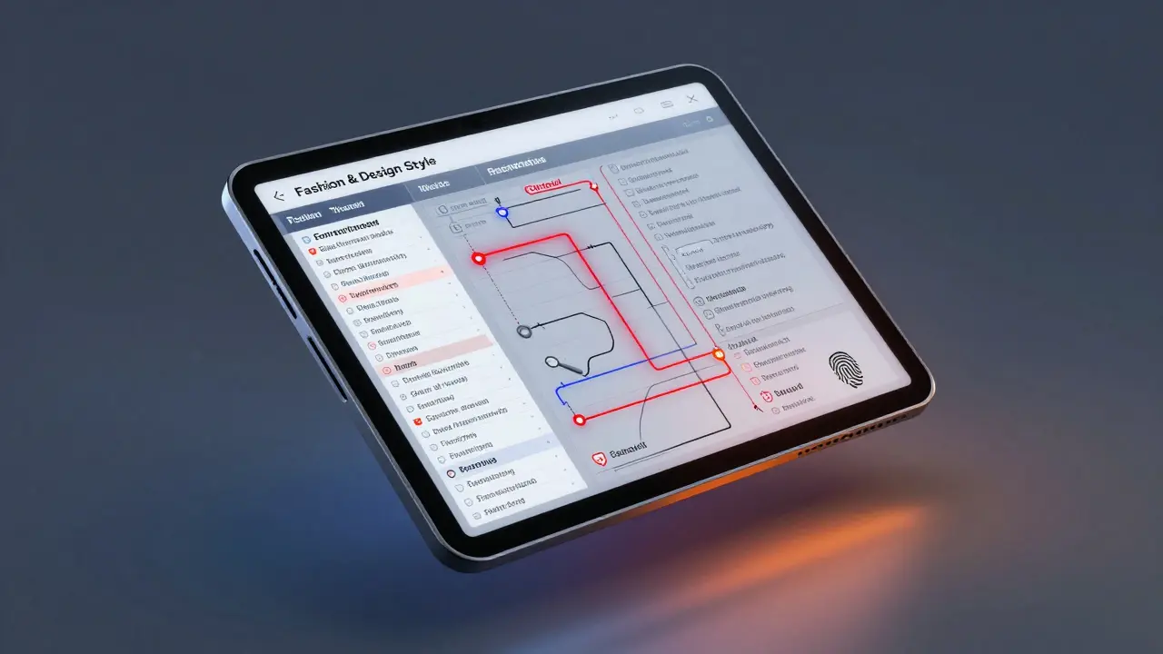 A transparent blockchain tablet showing sanctioned transaction flows with red alert pathways and enforcement icons.