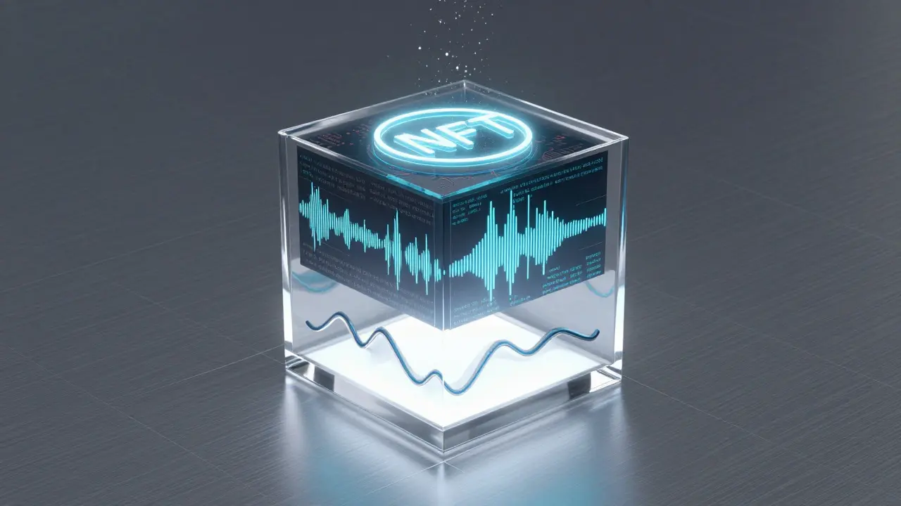 A transparent cube layered with hash rate, intellectual property, and an NFT emblem, lit from below.