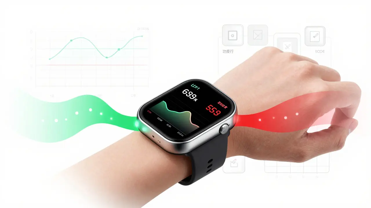 A wrist-worn device displaying crypto order book depth as a pulsing gradient ribbon with microsecond response indicators.
