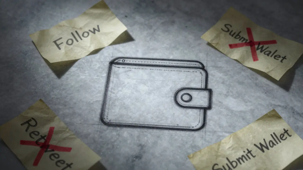 An empty digital wallet surrounded by crumpled instructions from a failed crypto campaign.