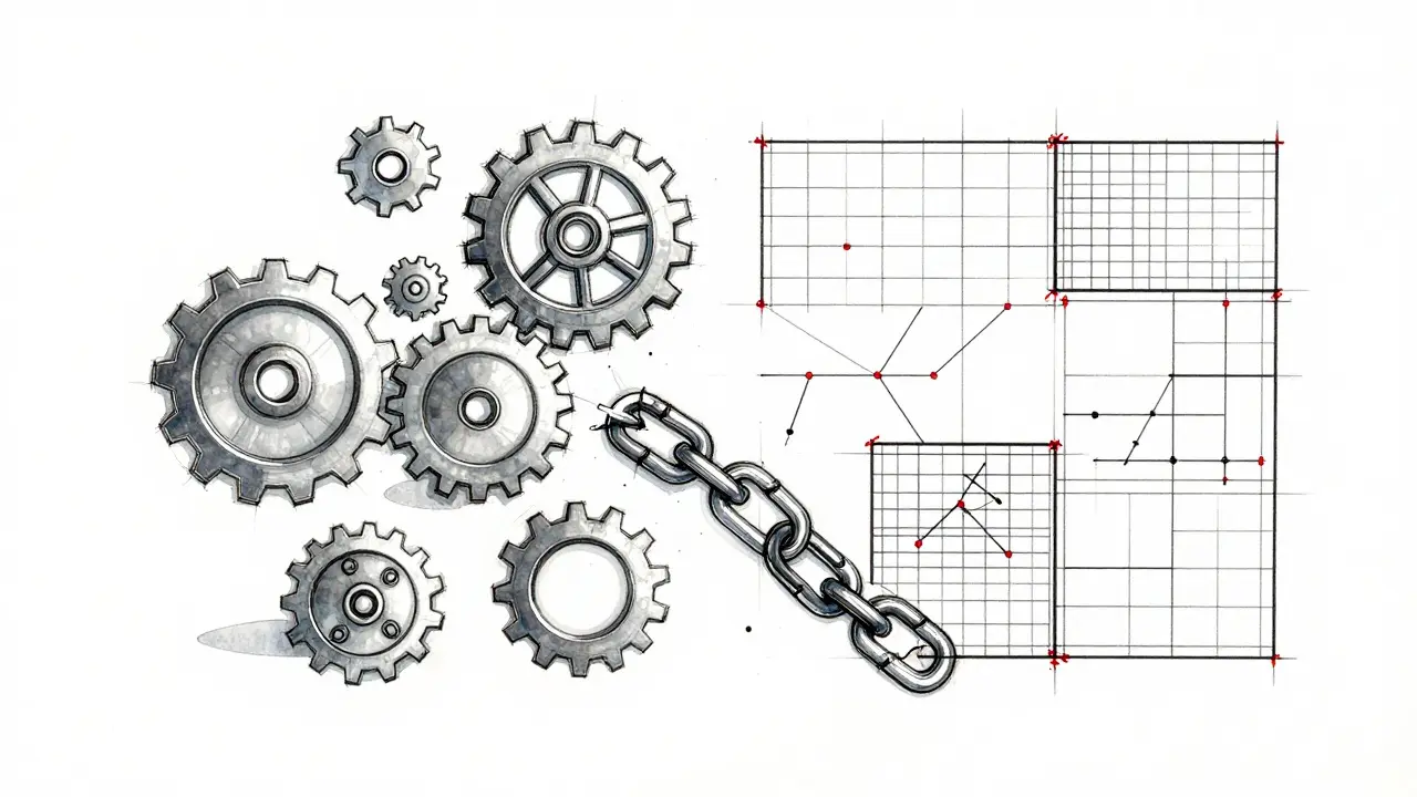 Blueprint style drawing of a broken project structure.