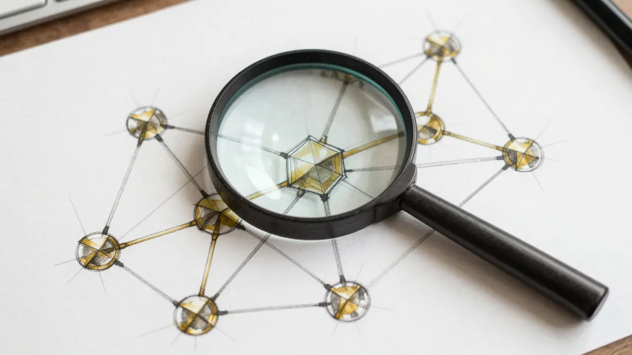 Charcoal sketch of magnifying glass over blockchain links