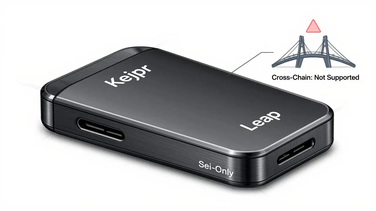 Compact wallet device labeled Keplr and Leap with a 'Sei-Only' port and blocked cross-chain bridge icon.