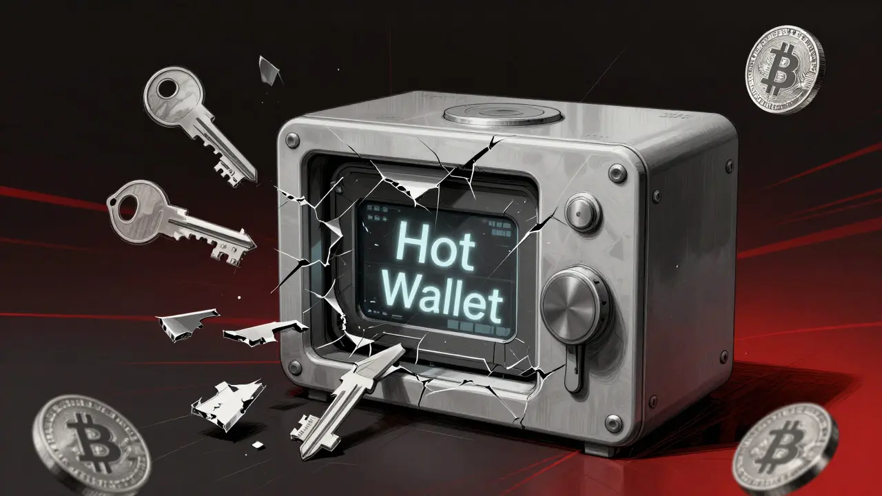 Cracked digital vault exposing hot wallet keys and cryptocurrency symbols, illustrated with technical sketch lines and warning red streaks.
