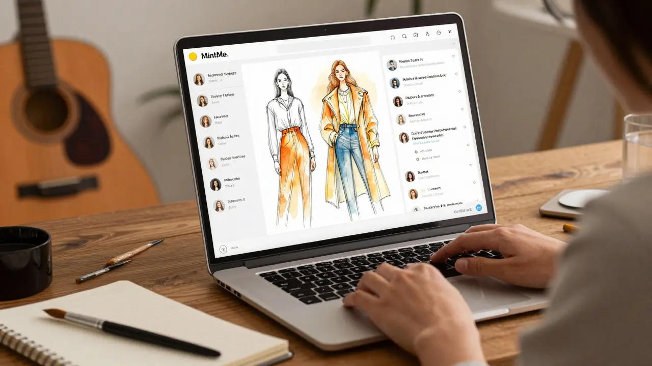 Creator using MintMe.com on laptop in a studio, with social feed floating above, surrounded by art tools.