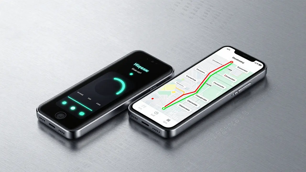 Dual-pane wallet tracker device showing hardware wallet and blockchain transfer map on aluminum surface.