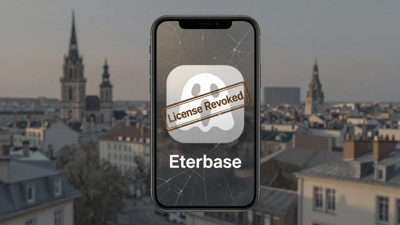 Faded Eterbase app icon on a cracked phone screen with license revocation stamp, set against a dim European cityscape.
