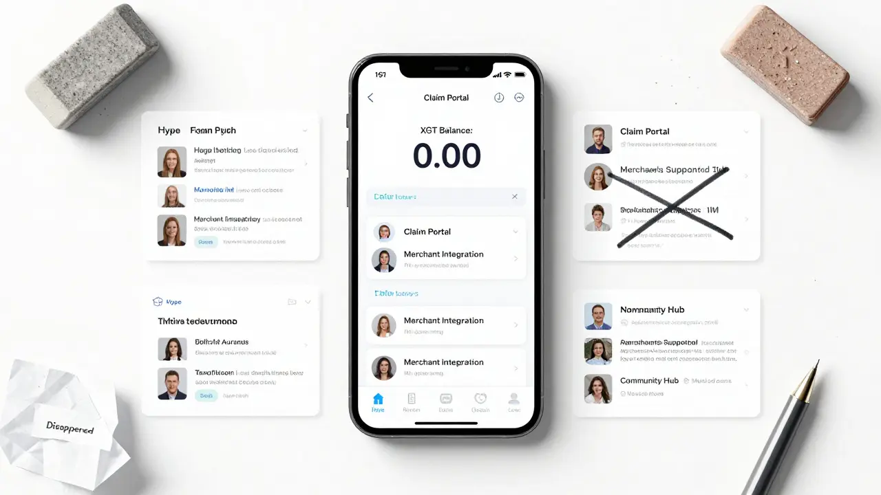 Frozen DeFi dashboard with zero balance, surrounded by abandoned interface mockups marked 'Cancelled'.