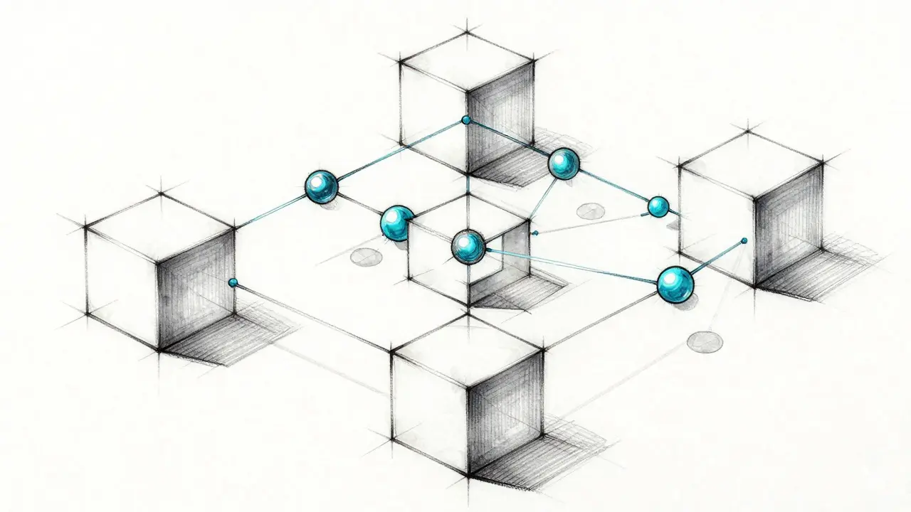 Geometric cubes representing network architecture in cyan.