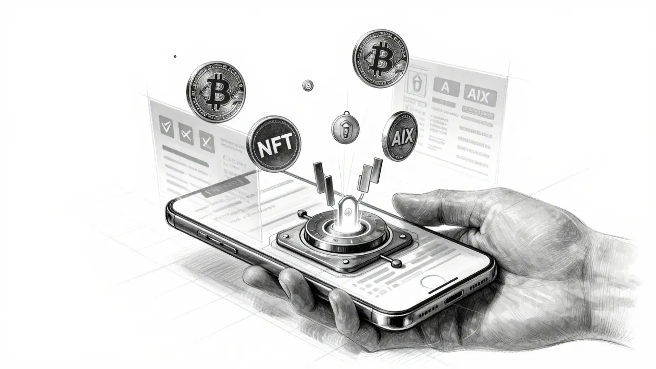 Hand holding a transparent interface showing staking Bitcoin and NFTs into an AI node, rendered in technical sketch style.