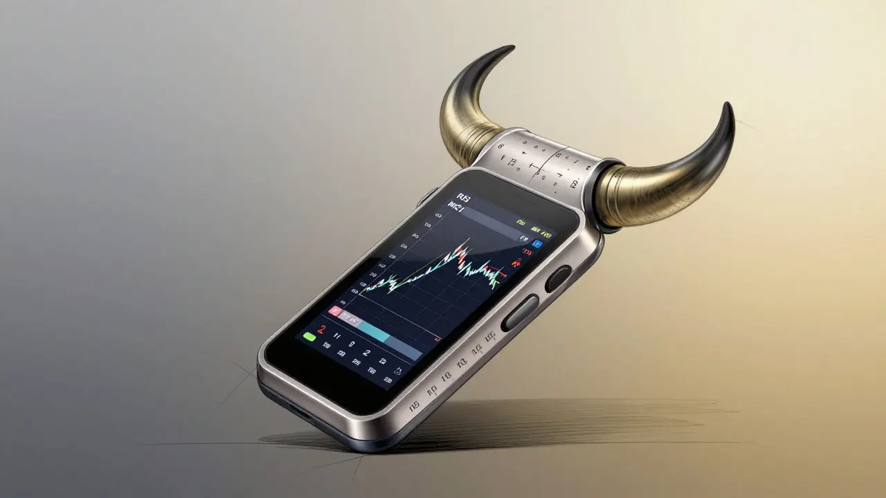 Handheld device shaped like a bull horn displaying RSI and MACD graphs with Fibonacci markers.