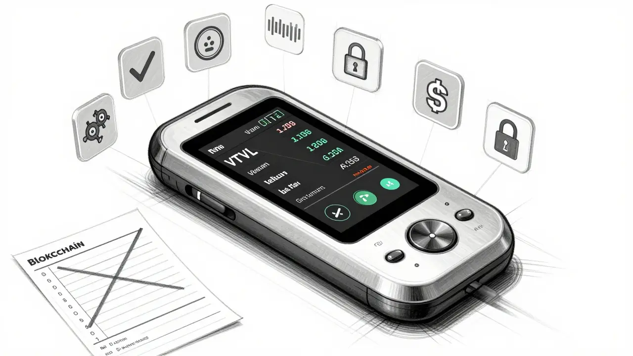 Handheld device sketch displaying verifiable TVL data with icons of on-chain verification and rejected manual reports.