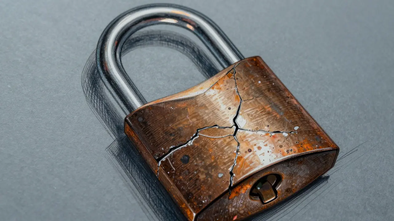 Ink illustration of a cracked security padlock design.