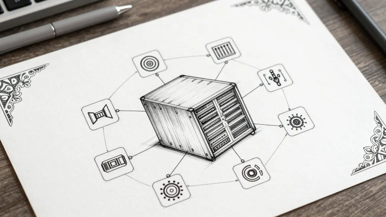 Isometric line drawing of secure server monitoring room
