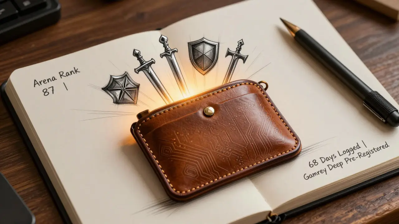 Medieval coin pouch wallet design with NFT weapons emerging, beside notes on player activity.