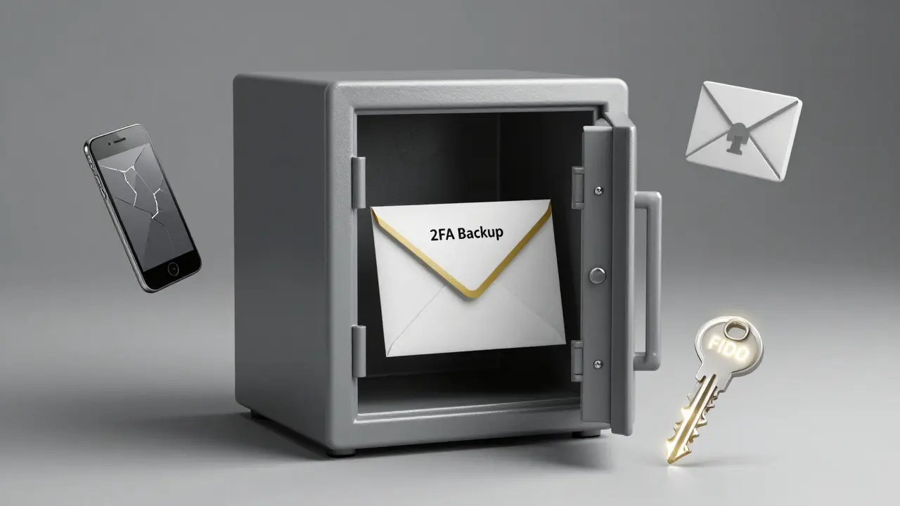 Minimalist fireproof safe slightly open, revealing a sealed 2FA backup envelope.
