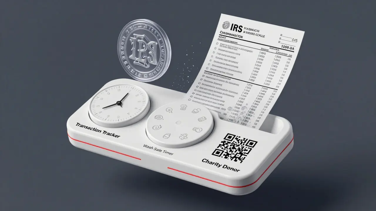 Modular 2025 crypto tax compliance toolset with tracker, timer, and donation slot, rendered in matte white with laser-etched icons.