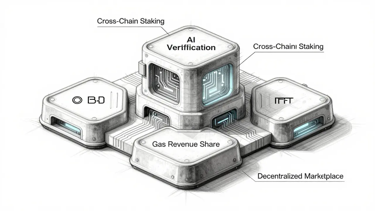 Modular NFT gaming hub with labeled segments and internal circuitry, drawn in fine-line technical design style.