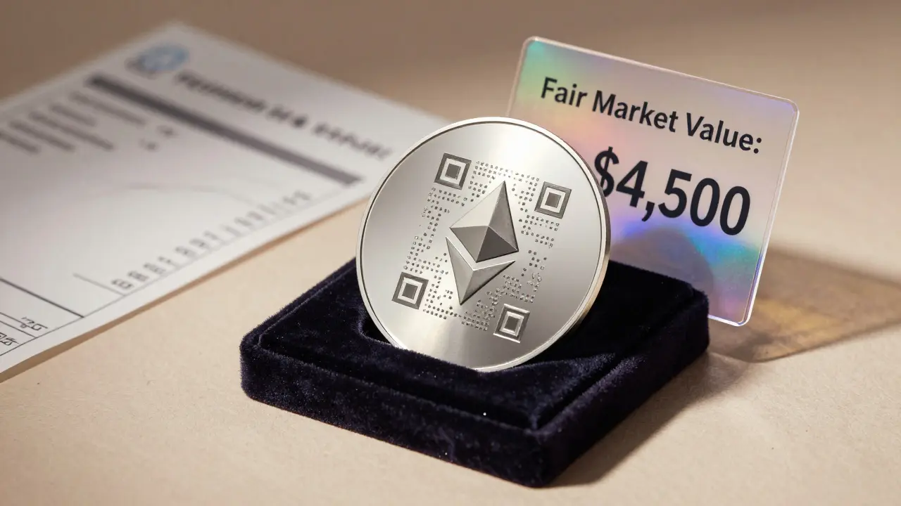 Polished stainless steel crypto donation token with QR code and holographic receipt.