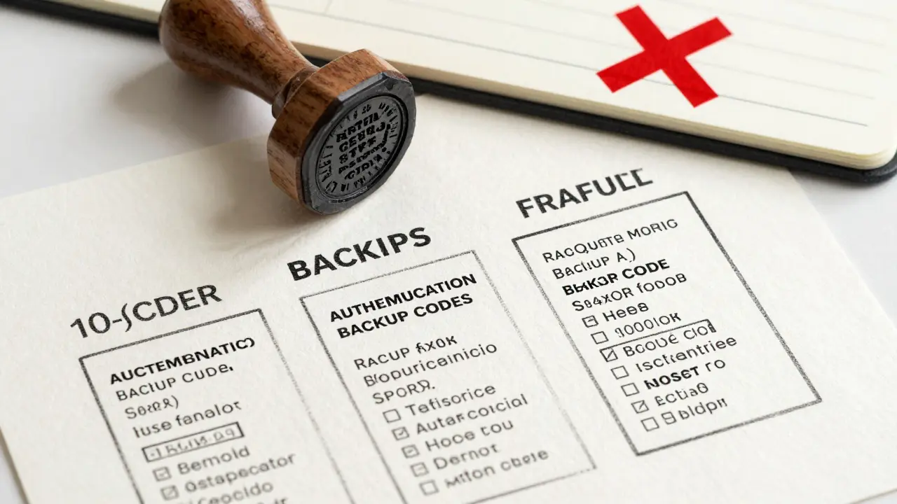Printed 2FA backup codes on paper with a digital notepad crossed out in background.