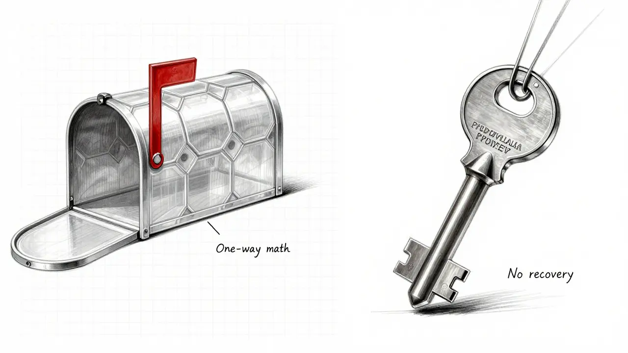 Split design: public key as open mailbox chain, private key as single titanium key with encryption.