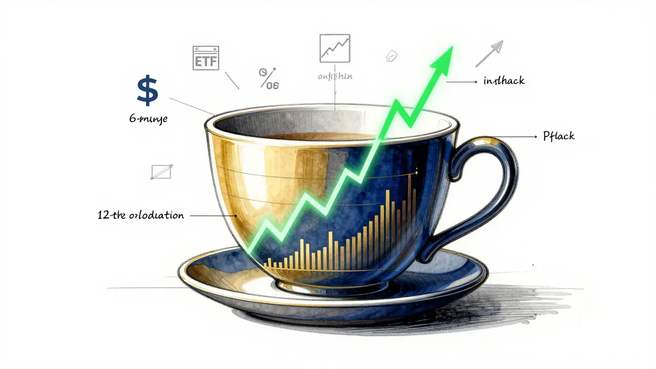 Teacup-shaped price pattern with breakout line and institutional crypto icons in fine ink and watercolor.