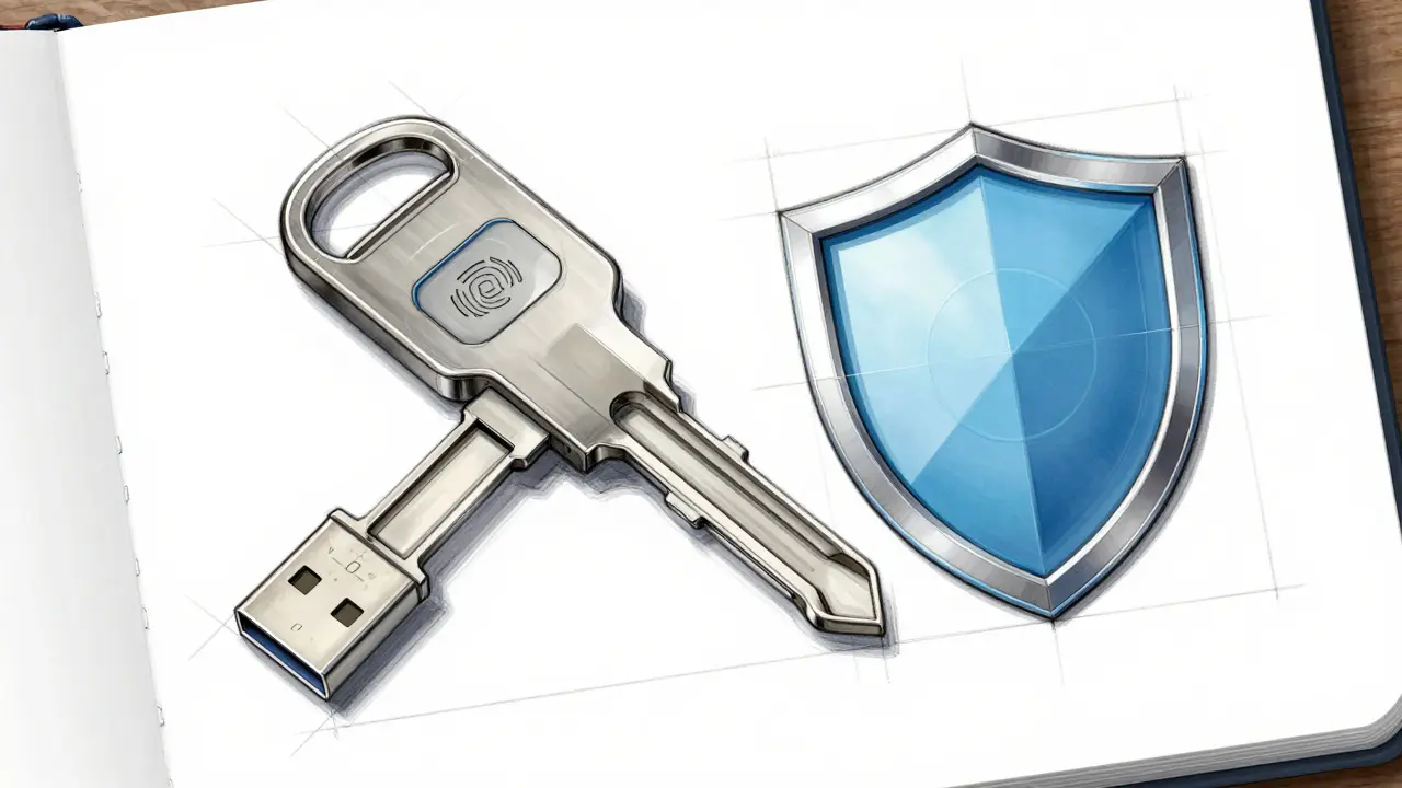 Technical drawing of hardware security key and shield icon