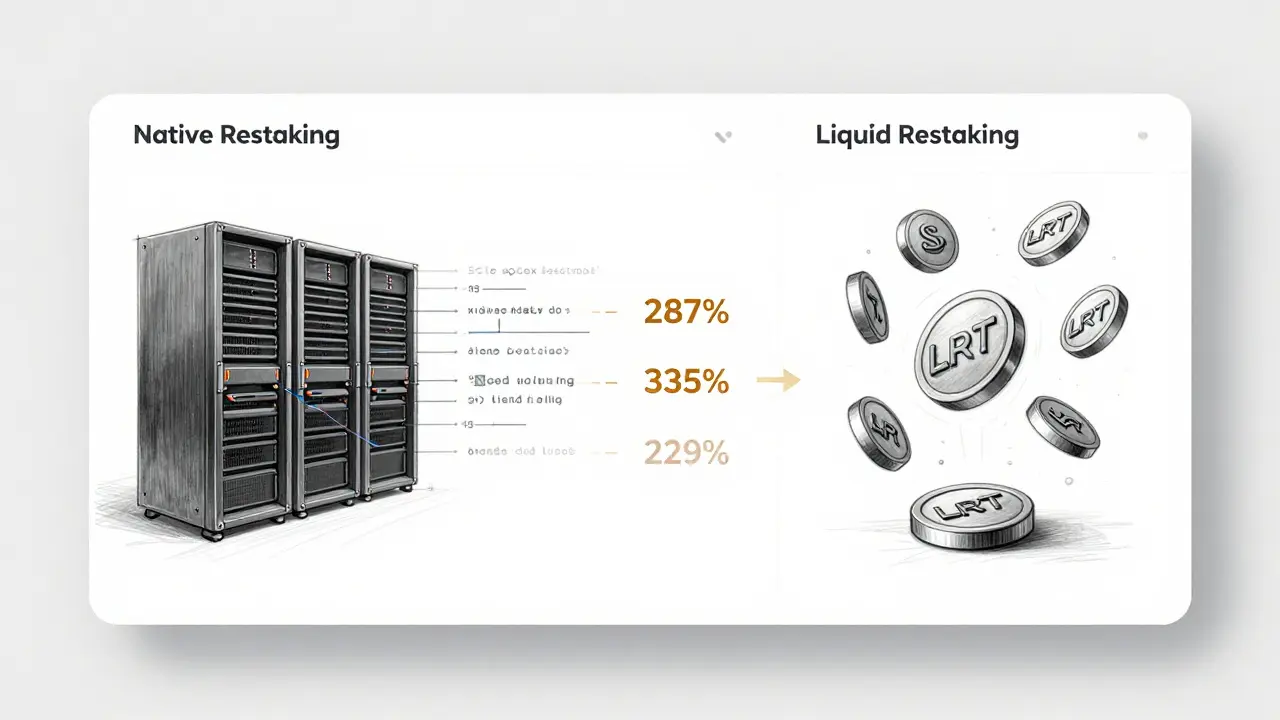 Technical sketch comparing native and liquid restaking pathways with stETH and LRT tokens, drawn in precise pencil lines.