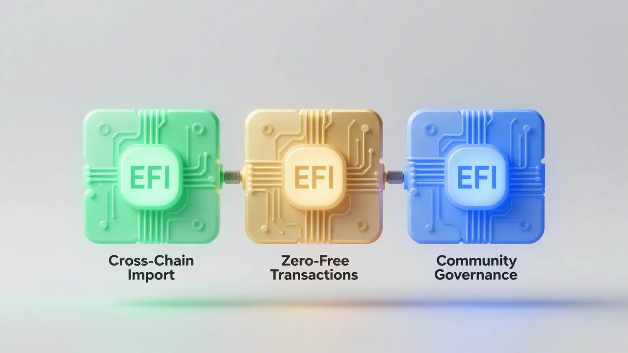 Three modular panels labeled for cross-chain, zero-fees, and governance, glowing with soft colors.